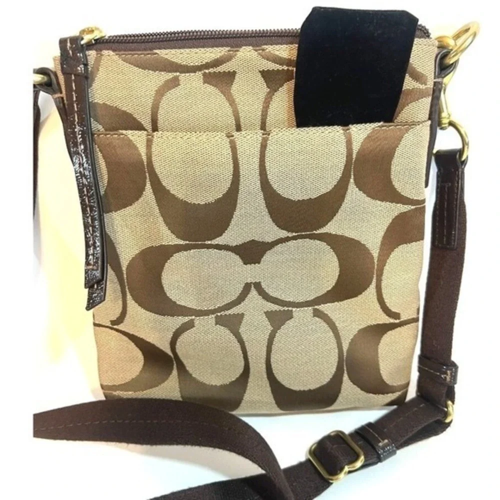 Coach Signature Jacquard‎ Crossbody Bag  Brown Tan Zip Leather Trim Ext Pockets